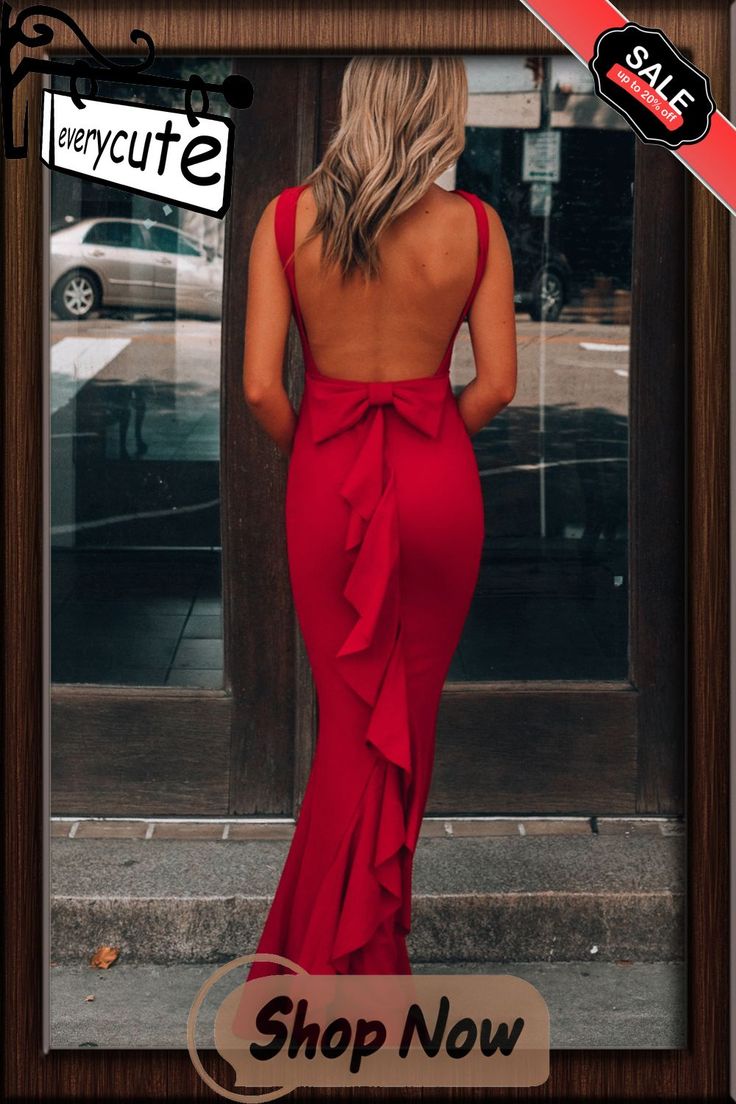 the back of a woman in a red dress is shown with an advertise