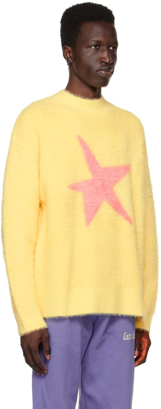 Shag knit nylon and acrylic-blend sweater. · Rib knit crewneck, hem, and cuffs · Jacquard graphic at front Supplier color: Yellow Fluffy Sweater, Yellow Sweater, Knitwear Men, Knit Crewneck, Crewneck Sweater, Online Shopping Clothes, Crew Neck Sweater, Neck Sweater, Rib Knit