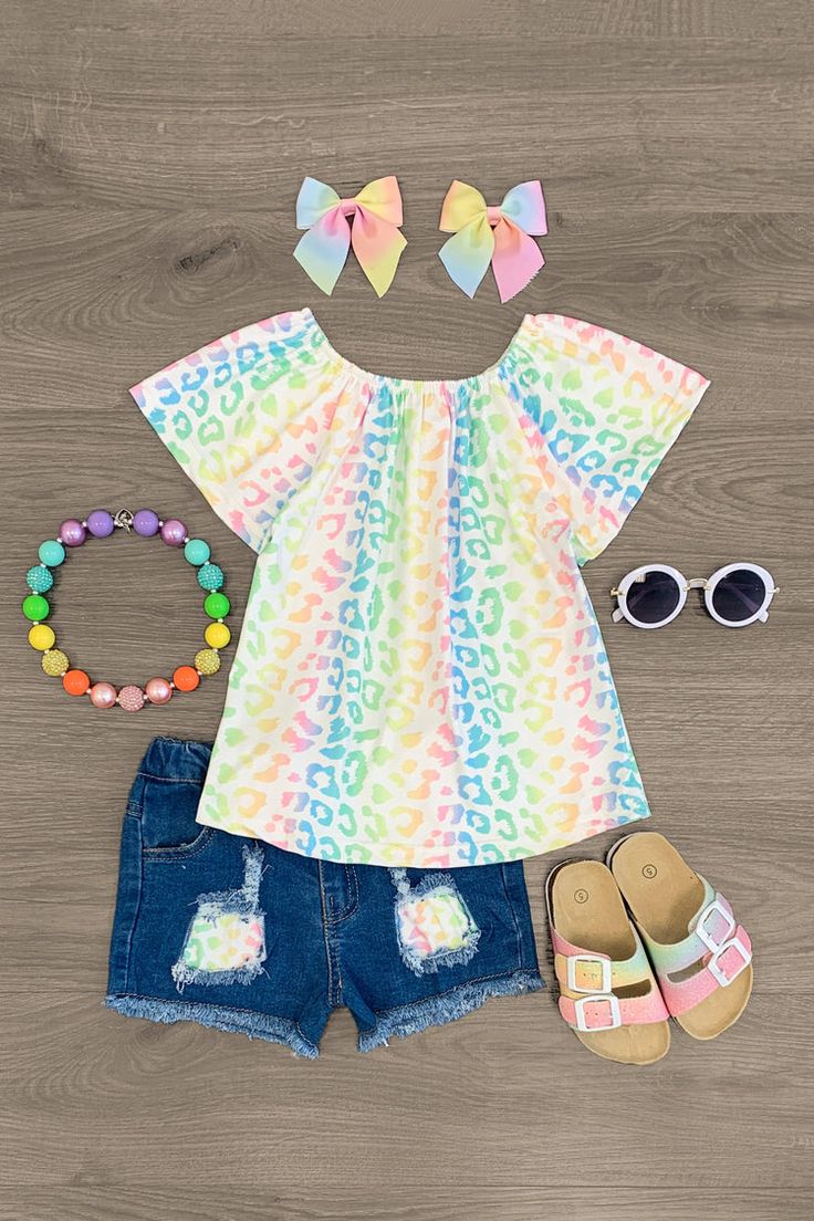 White & Pastel Rainbow Cheetah Denim Short Set Rainbow Cheetah Print, Cheetah Print Top, Skirt Patterns, Sparkle In Pink, White Pastel, Kids Fashion Clothes, Women Shoes Online, Children's Fashion, Sleeves Top