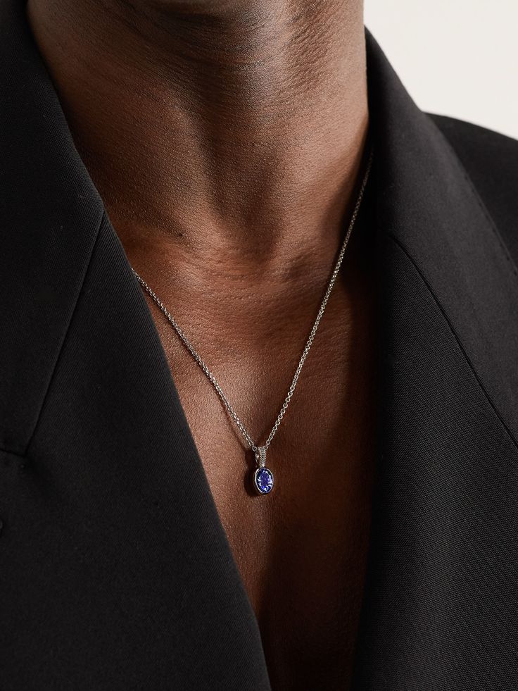 Known as the 'stone of magic', tanzanite is desirable thanks to its rarity and unique, vibrant hue. Viltier's 'Magnetic' pendant has been crafted in Paris from white gold and centred with the gemstone. Attach it to one of the label's chain necklaces. Gemstone Necklace Men, Diamond Pendant Men, Fashion Jewelry Necklaces Gold, Engagement Necklace, Gold Necklace For Men, Emerald Necklace Pendant, Engagement Necklaces, Tanzanite Pendant, Mens Necklace Pendant