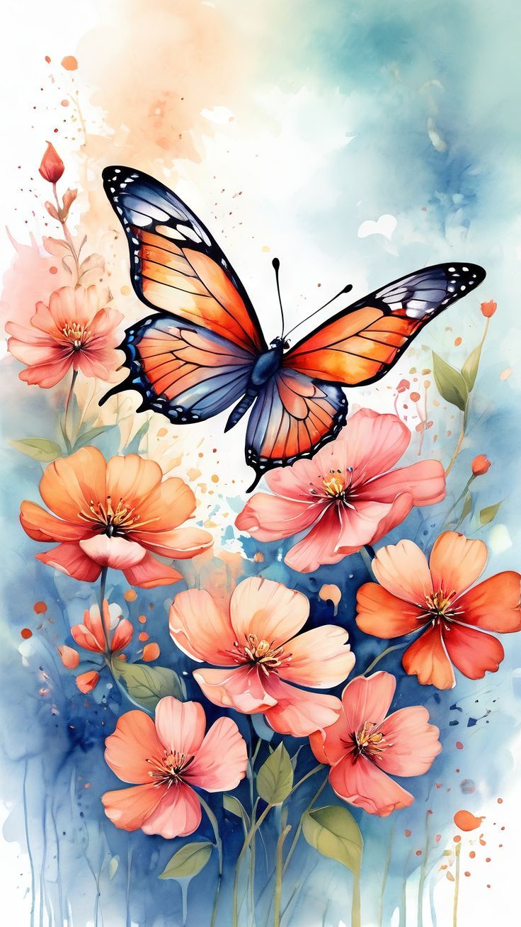 a painting of a butterfly flying over some orange and pink flowers on a blue background