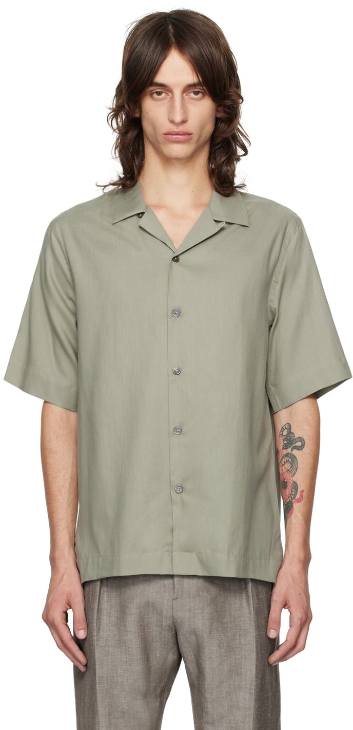 Cotton twill shirt. · Open spread collar · Button closure · Vented side seams Supplier color: Greens Classic Green Short Sleeve Shirt With Camp Collar, Green Classic Short Sleeve Shirt With Camp Collar, Solid Color Shirt With Johnny Collar And Button Closure, Solid Johnny Collar Shirt With Button Closure, Classic Shirt With Button Cuffs And Camp Collar, Unstructured Solid Shirt With Spread Collar, Single Breasted Collared Shirt With Relaxed Fit, Twill Shirt, Green Button