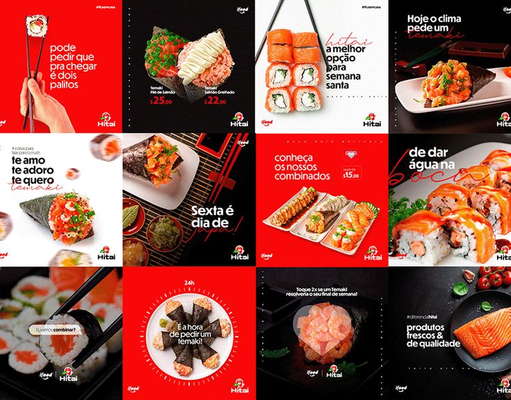 the menu for sushi restaurant is displayed in red and black colors, with images of different types of sushi