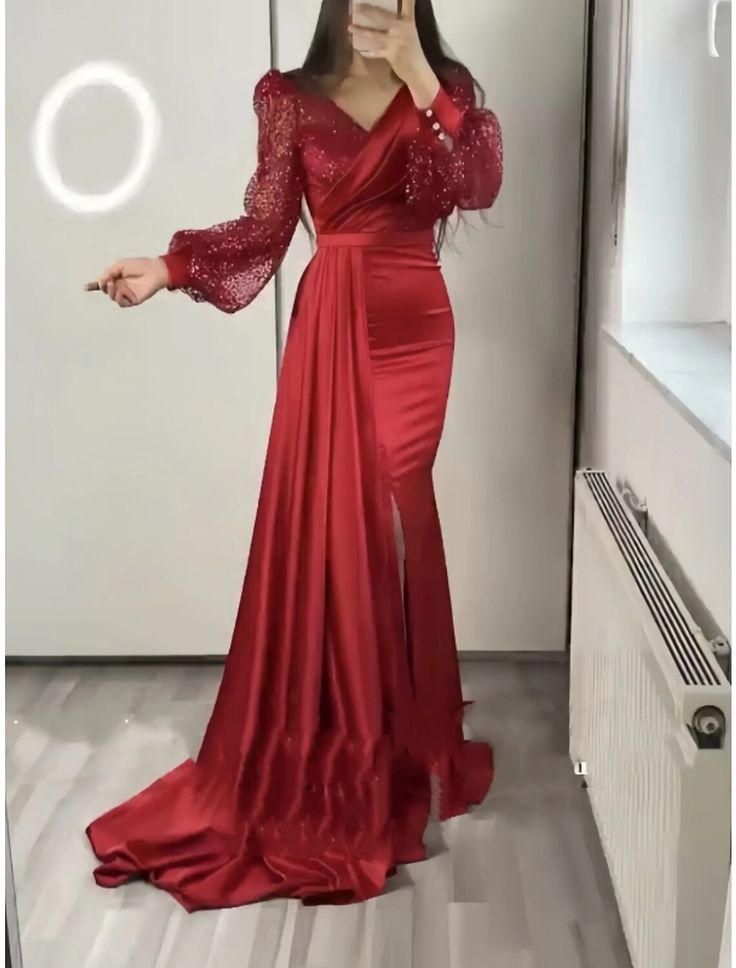 A-Line Evening Gown Sparkle & Shine Dress Formal Fall Court Train Long Sleeve V Neck Satin with Glitter Pleats Shine Dress, Gown Elegant, Evening Dresses Online, Cheap Evening Dresses, Dresses Formal Elegant, Evening Gowns Elegant, Dress Formal, Elegant Dress, Dusty Rose