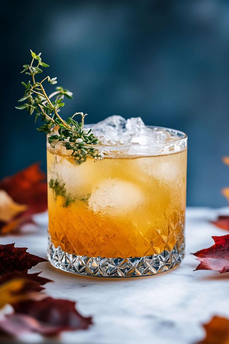 a close up of a drink on a table with leaves