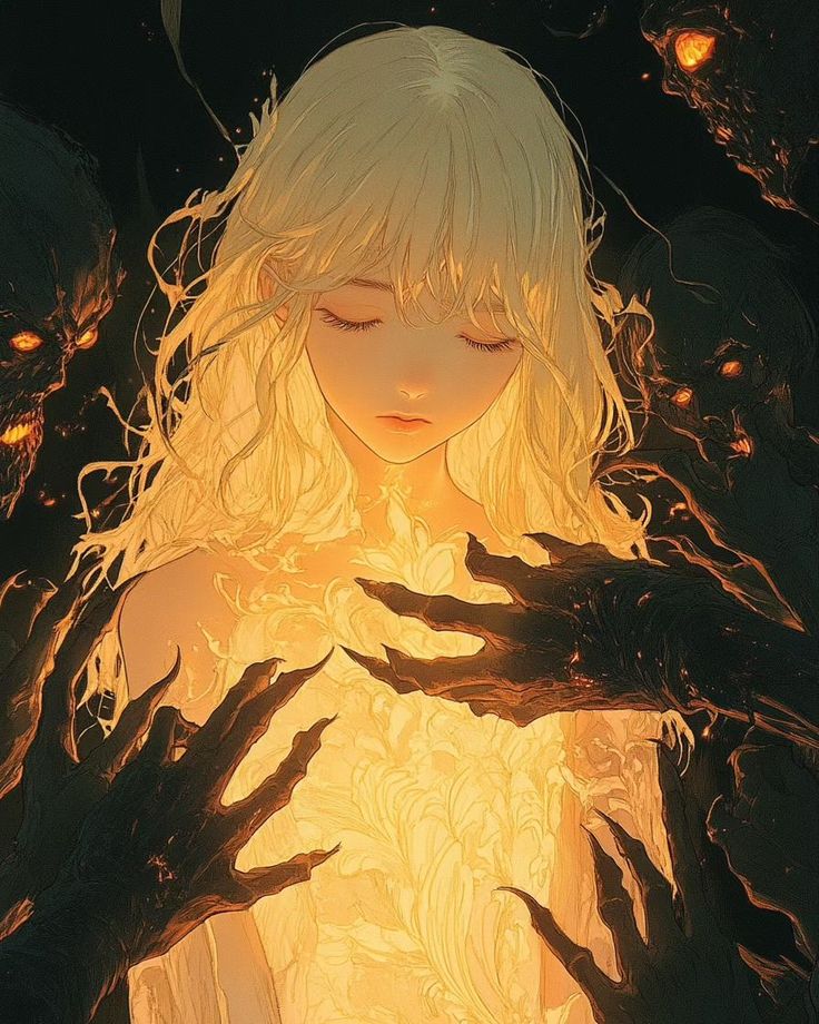 a girl with white hair and hands on her chest, surrounded by black demonic hands