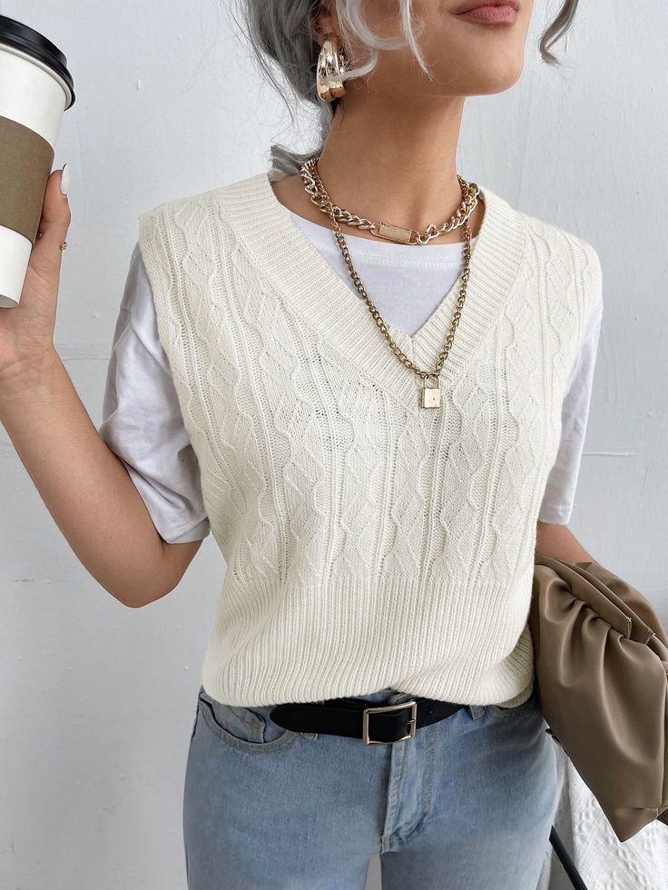 Styling White Sweater Vest, White Short Sleeve Sweater Outfit, Cream Knitted Vest Outfit, White Sleeveless Sweater Outfit, White Sweater Vest Outfit Summer, Sweater Vest With Short Sleeve Shirt, Short Sweater Vest Outfit, White Vest Summer Outfit, Cream Sweater Vest Outfits For Women