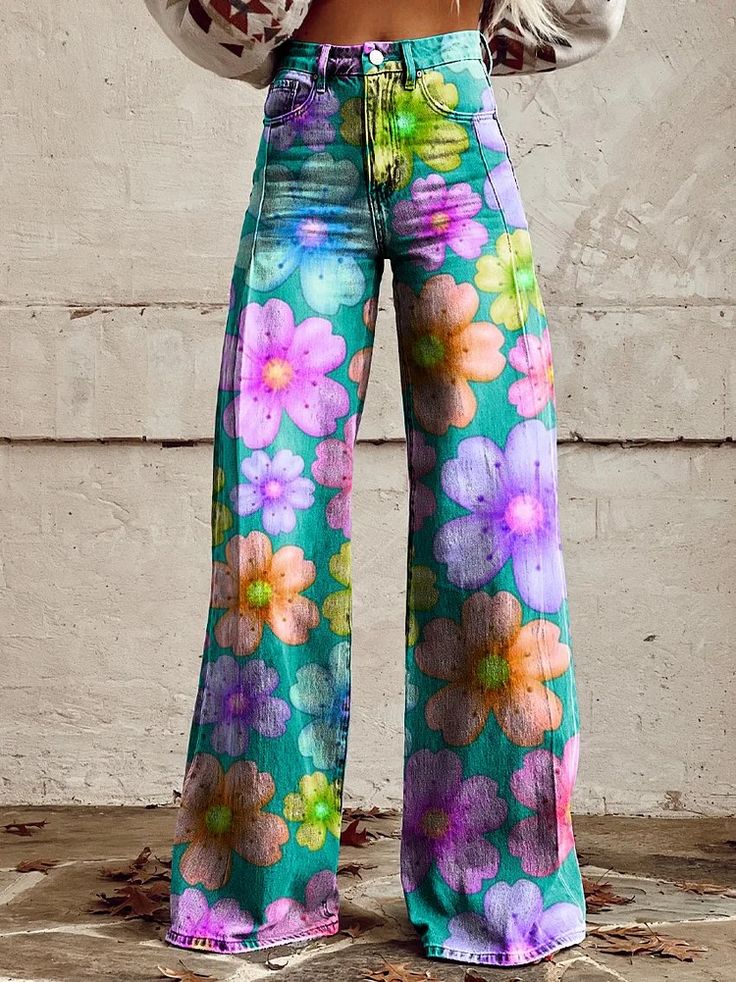 Multicolor Full-length Jeans For Summer, Multicolor Full-length Jeans For Spring, Multicolor Full Length Jeans For Summer, Multicolor Full Length Jeans For Spring, Spring Multicolor Full-length Jeans, Trendy Multicolor Full-length Jeans, Casual Multicolor Full-length Jeans, Bohemian Spring Bottoms With Floral Patchwork, Trendy Colorful Bottoms For Spring