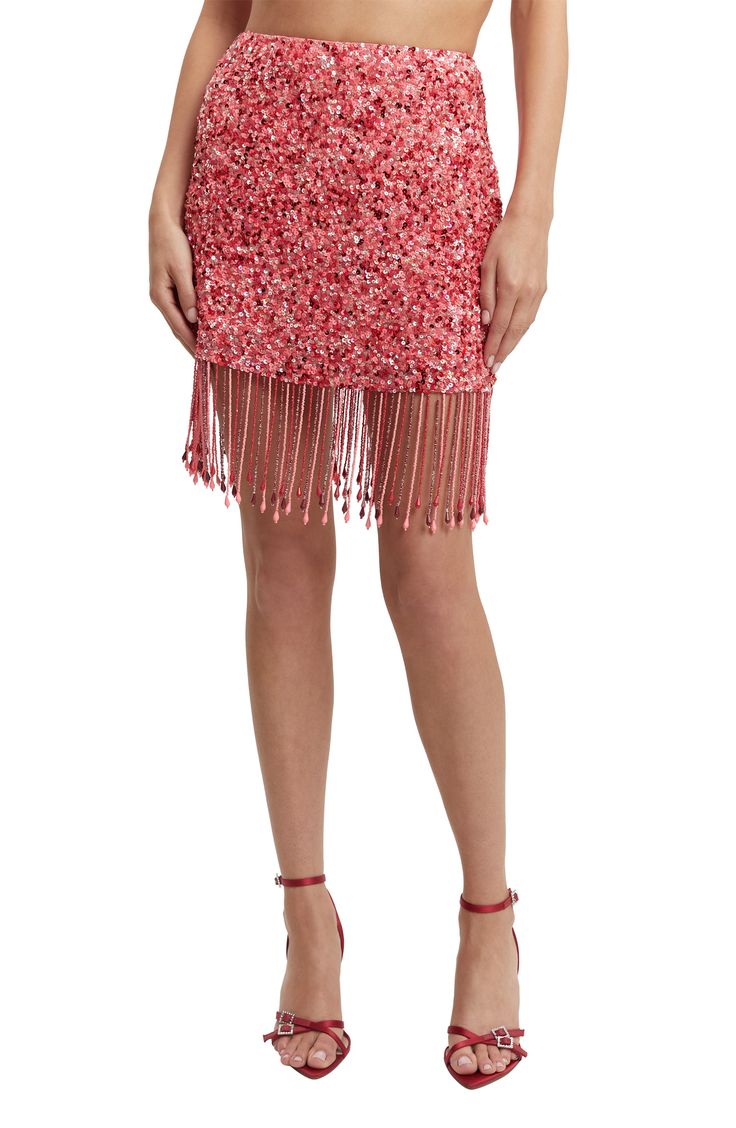 Beaded fringe sways with every step you take in this party-ready miniskirt covered in sparkly sequins. 14" length Exposed back-zip closure Partially lined 100% polyester Hand wash, line dry Imported Every Step You Take, Sequin Beading, Beaded Fringe, Maxi Skirt, Womens Bottoms, Sequin, Top Brands, Mini Skirts, Hand Wash