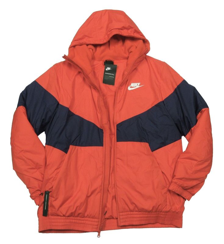 PLEASE NOTE: DUE TO HIGH VOLUME AND POST OFFICE DELAYS, DELIVERY TIMES MAY BE LONGER THAN NORMAL. ALL SALES ARE FINAL. NO RETURNS ACCEPTED. NIKE ORANGE-RED/NAVY COLORBLOCK PUFFER HOODED JACKET STANDARD FIT FOR ALL-DAY COMFORT MADE FROM SUSTAINABLE MATERIALS FULL-ZIP CONSTRUCTION WITH STAND-UP COLLAR AND ATTACHED HOOD FRONT HAND SIDE ZIP POCKETS ELASTICIZED CUFFS SHELL: 100% POLYESTER LINING/FILL: 100% POLYESTER MACHINE WASHABLE IMPORTED RETAIL $140 SIZES AND MEASUREMENTS MAY VARY DEPENDING ON TH Red Sportswear Windbreaker For Winter, Red Winter Sportswear Windbreaker, Red Color Block Winter Outerwear, Red Nylon Hooded Track Jacket, Red Color Block Outerwear For Outdoor, Red Nike Windbreaker For Winter, Nike Red Winter Windbreaker, Red Sportswear Winter Outerwear, Red Sportswear Outerwear For Winter