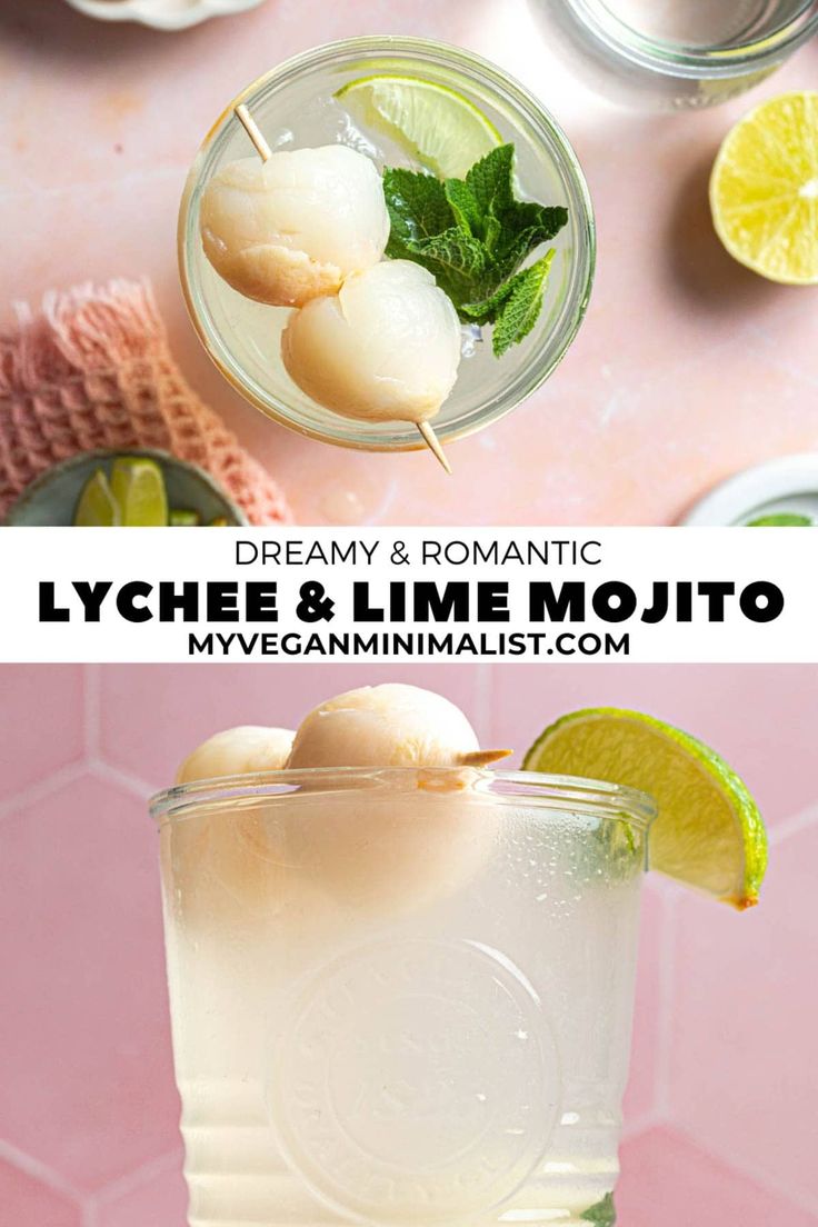 two glasses filled with lemonade and lime mojito on top of a pink table