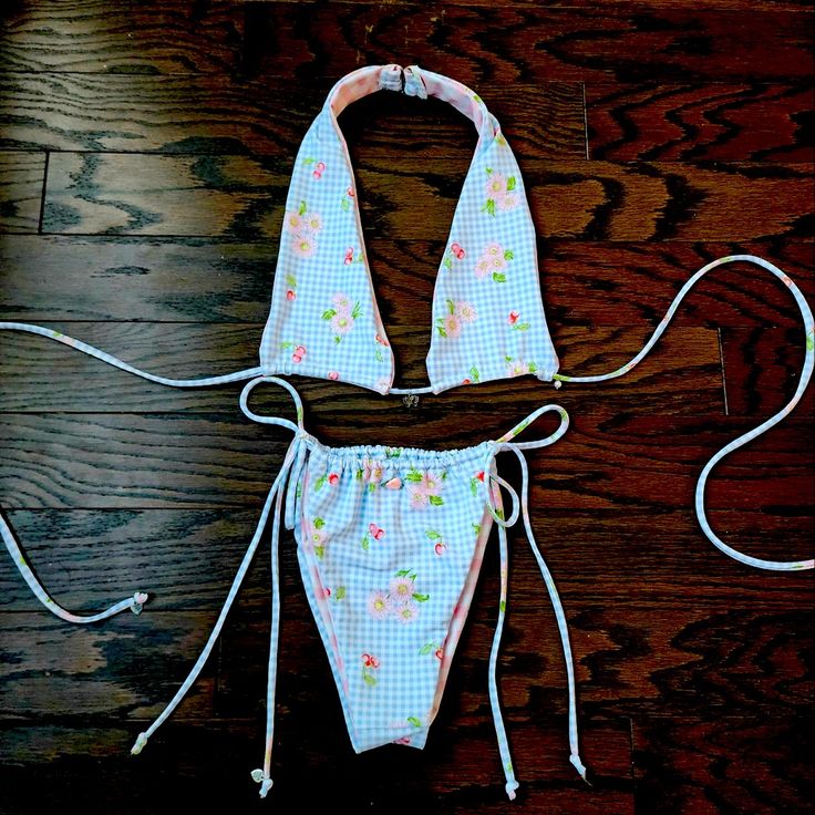 Handmade Bikini Made By Me. This Is A Halter Style Bikini With A Hook And Loop Around The Neck. It’s So Cute And In Style With The Gingham Fabric And Cherries With Flowers. Cherries Are A Y2k Staple. Handmade Bikinis, Gingham Fabric, Frankies Bikinis, Halter Style, Hook And Loop, Made By Me, Blue Flowers, Womens Swim, Gingham