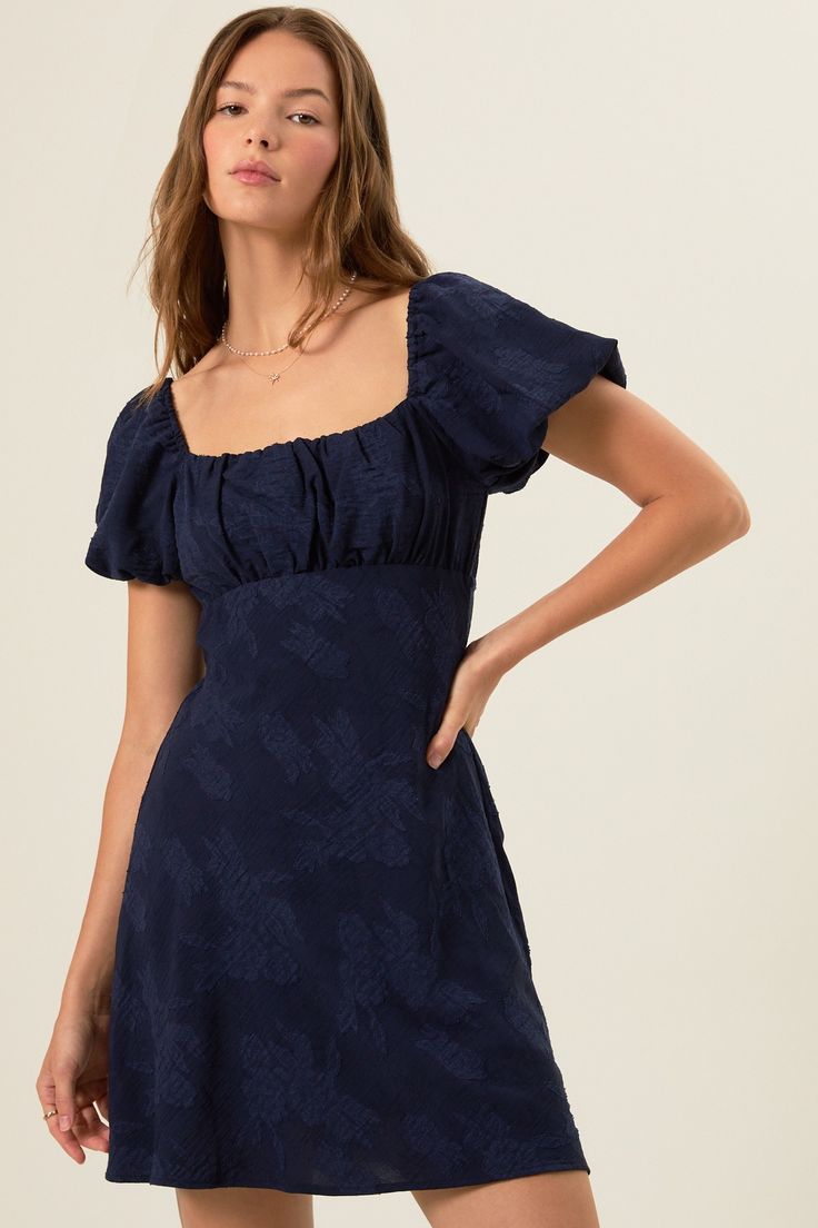 Lunar Jacquard Floral Dress in Navy | Altar'd State Altar'd State Dress, Shabbos Outfit, Dark Blue Mini Dresses, Promotion Dresses, Trendy Cocktail Dresses, Babydoll Dresses, Cute Floral Dresses, Altard State Dresses, Homecoming Outfits