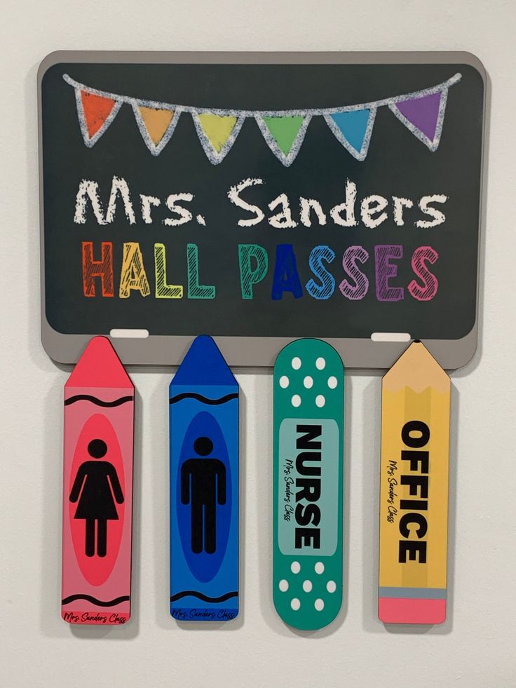 three magnets are attached to a chalkboard that says, mrs sanders'hall passes