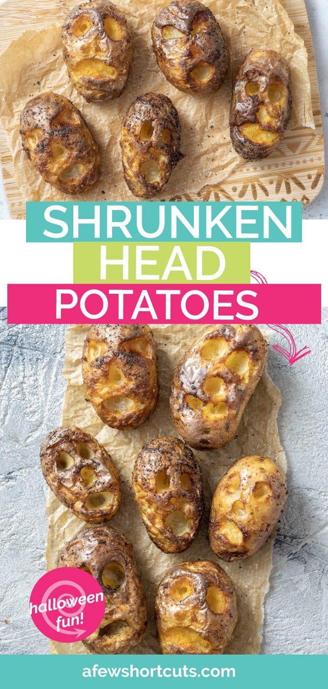 an image of some food that is on a plate with the words shrunken head potatoes