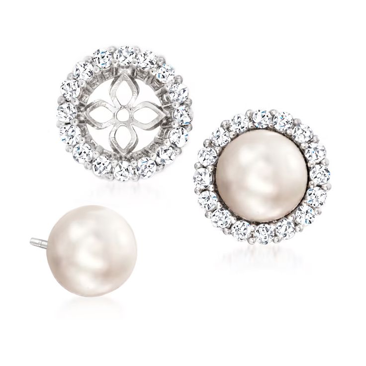 7.5mm Cultured Pearl and 1.10 ct. t.w. CZ Jewelry Set: Earrings and Earring Jackets in Sterling Silver | Ross-Simons Pearl Earring Jacket, White Pearl Jewelry, Pearl Birthstone, Raise The Bar, Silver Clutch, Earring Jackets, Fine Jewelery, Pearl Jewelry Sets, Set Earrings