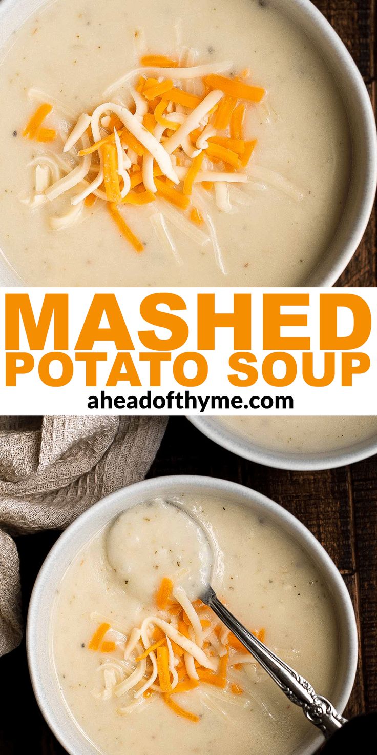 two bowls of mashed potato soup with cheese on top