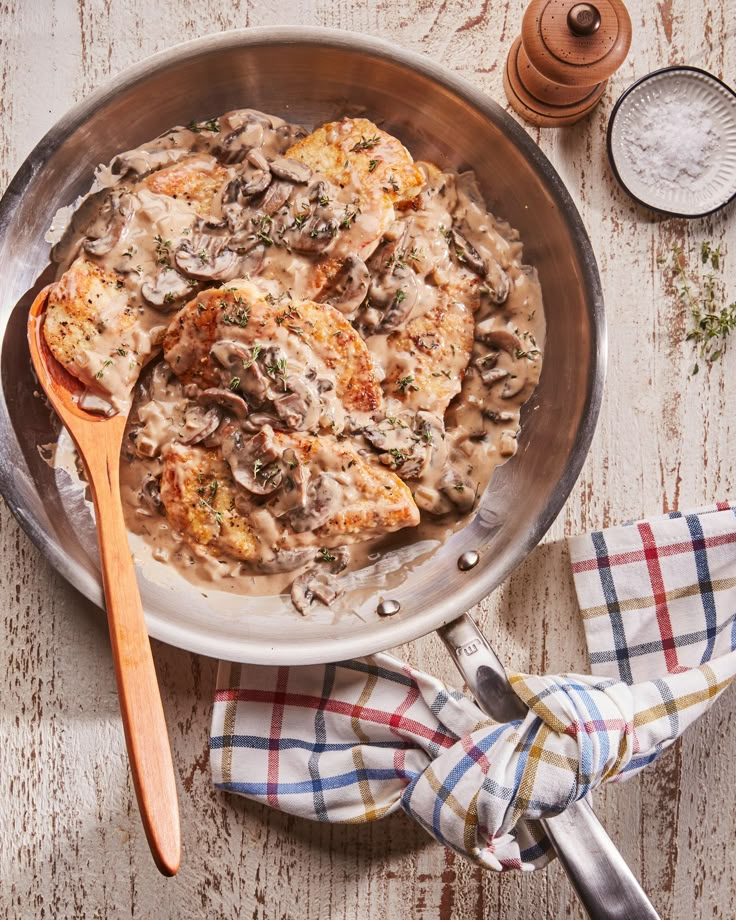 a pan filled with meat covered in mushroom gravy