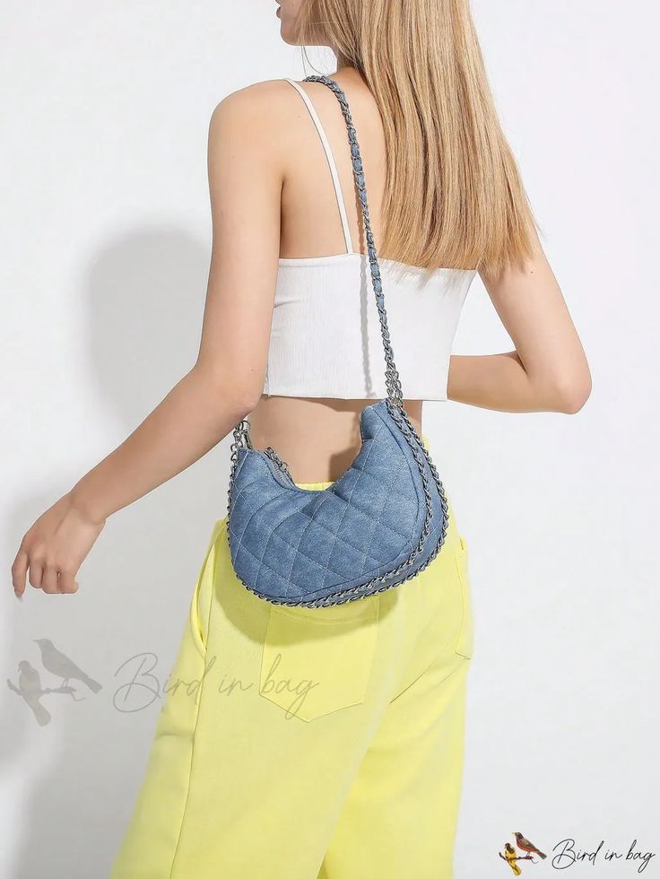 Bird in Bag - Geometric Pattern Denim Shoulder Bag with Metal Accents Trendy Large Capacity Denim Shoulder Bag, Trendy Rectangular Denim Shoulder Bag, Trendy Denim Blue Tote Shoulder Bag, Trendy Denim Blue Shoulder Bag For Daily Use, Trendy Denim Hobo Shoulder Bag, Trendy Denim Bags With Zipper Closure, Spring Denim Blue Shoulder Bag, Trendy Denim Blue Hobo Shoulder Bag, Trendy Denim Shoulder Bag For Daily Use