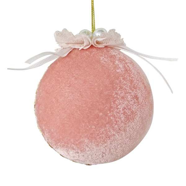 a pink ball ornament hanging from a gold string on a white background with a bow