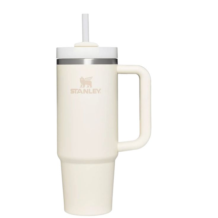 a white travel mug with a straw sticking out of the lid and handle, on a white background