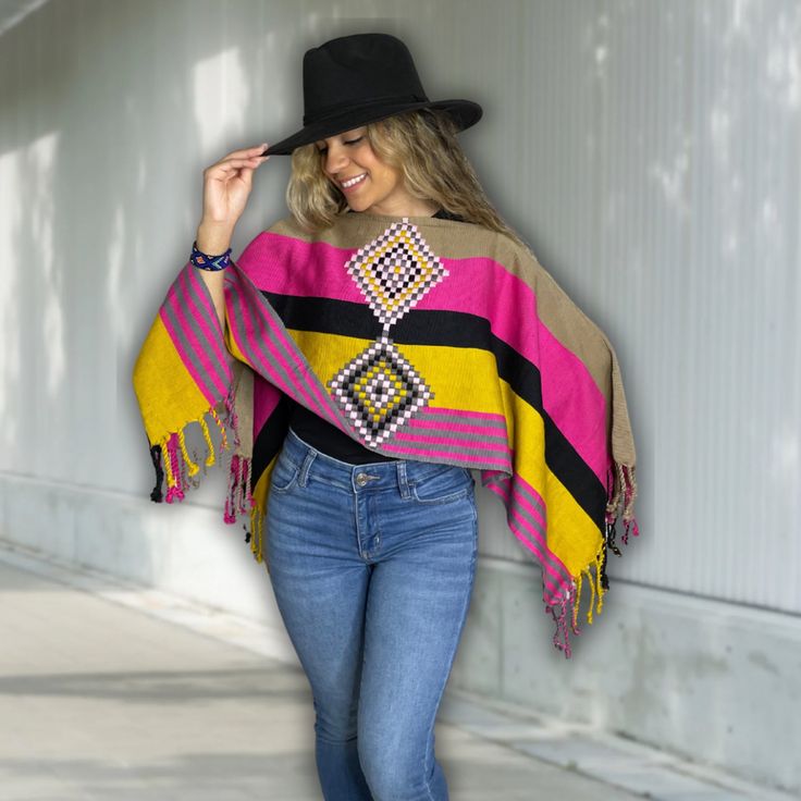 Mexican Cape Poncho Geometric Winter Cape, Poncho Tops, Poncho Cape, Fedora Hat, Beautiful Hand, Hat Fashion, Black Floral, Shawl, Tassels