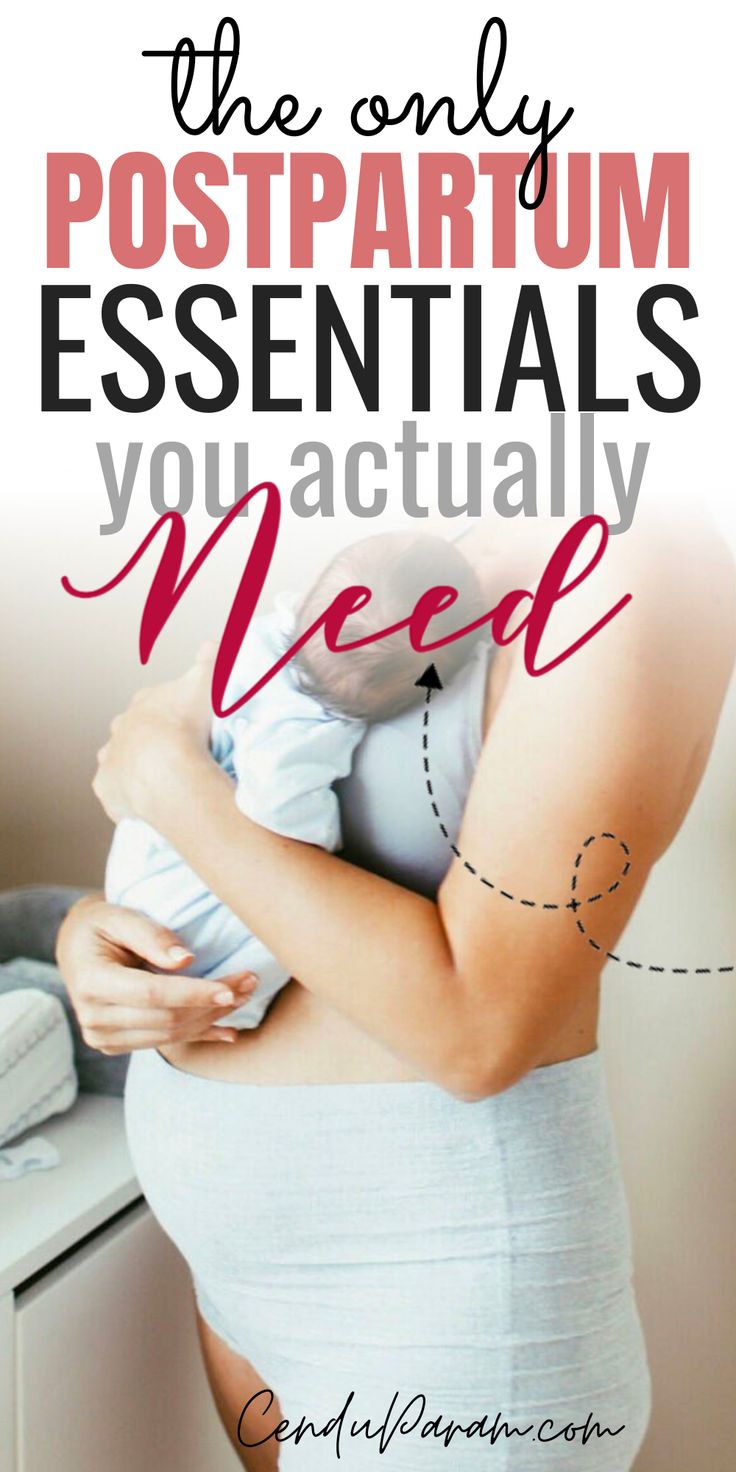 a pregnant woman holding her baby in her arms with the caption, you only postpartum essentials you actually need