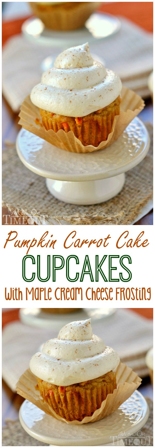 pumpkin carrot cake cupcakes with maple cream cheese frosting on a white plate