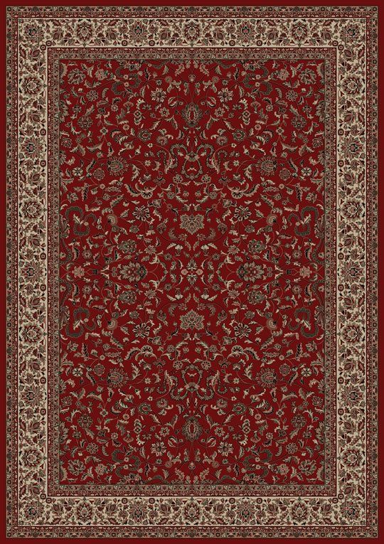 a red and beige rug with an intricate design on the bottom, surrounded by white border