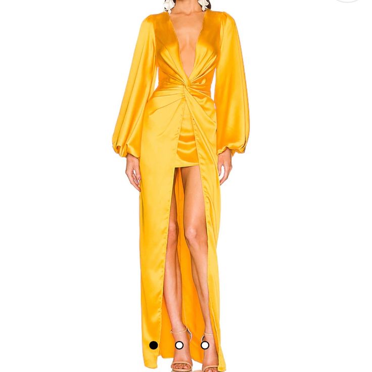 Dramatic Yellow Gown By Yaura. Glossy, Satin-Style Silky-Smooth Drapey Fabric. - Never Worn But Selling As It’s Too Late To Return. I Am Too Short Waisted For Fit. Best For Someone With A Long Torso Elegant Yellow V-neck Maxi Dress, Yellow Long Sleeve Maxi Dress For Party, Yellow V-neck Dress For Party, Yellow V-neck Party Dress, Yellow V-neck Maxi Dress For Cocktail, Yellow V-neck Maxi Dress For Evening, Yellow V-neck Dress For Night Out, Chic Yellow Floor-length Dresses, Yellow Floor-length Dress For Night Out