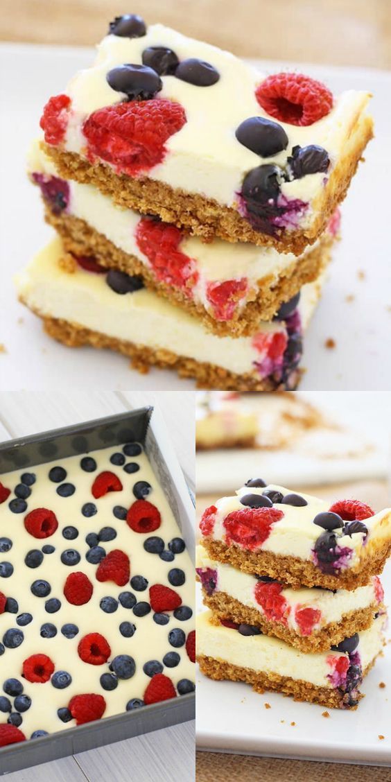 four different desserts stacked on top of each other with blueberries and raspberries