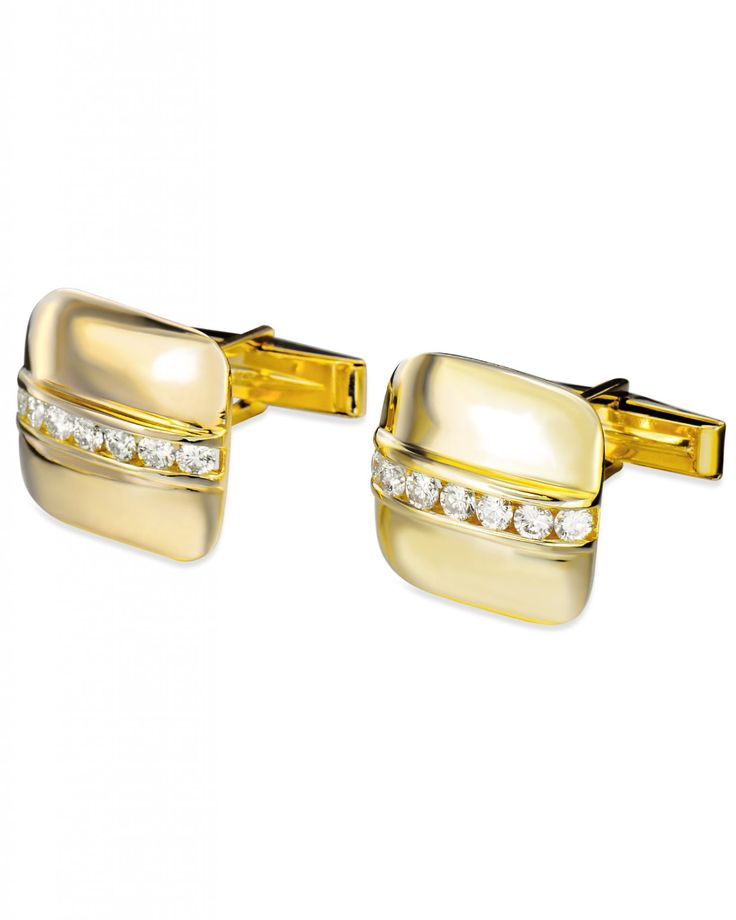 A pair of 14 karat yellow gold cufflinks set with 14 round brilliant cut diamonds (1.05 CTW, G-H color, VS-1 clarity). Luxury Hallmarked Diamond Earrings For Formal Occasions, Luxury Formal Diamond Earrings With Brilliant Cut, Luxury Diamond Earrings With Brilliant Cut For Formal Events, Luxury Diamond Earrings With Brilliant Cut For Formal Occasions, Formal Diamond Earrings With Polished Finish, Luxury Diamond Earrings For Formal Occasions, Elegant Polished Finish Cufflinks For Anniversary, Wedding Diamond Earrings With Polished Finish, Elegant White Gold Cufflinks For Anniversary