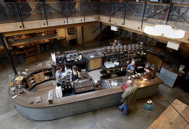 an overhead view of people working in a coffee shop