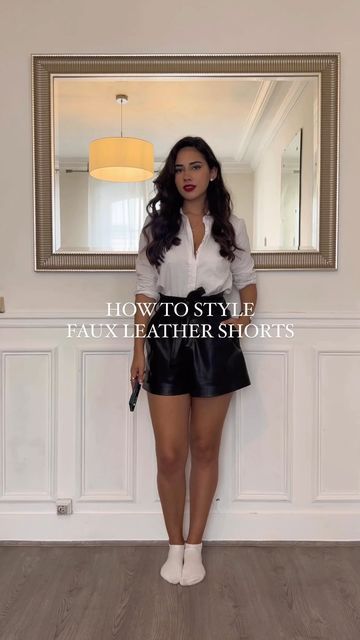 🧿 Chryssa 🧿 on Instagram: "HOW TO STYLE FAUX LEATHER SHORTS FOR FALL!🍂 // I love love love these leather shorts so much! And the weather is so weird it’s kinda hot rn! So here’s 3 outfits with leather shorts🖤 Which one would you wear?🖤✨  REFS LOOK1: Faux leather shorts: 123573472 @asos (wearing a size S) Black sweater: 3859/144 @zara (wearing a size S) Polka dots tights: MODC1210 @calzedonia Black blazer: 1255/005 @zara (wearing a size S) Shoes: 1924819 @asos Bag: TEMI164N01 @letanneur LOOK Leather Shorts Going Out Outfit, Womens Leather Shorts Outfit, Leather Shorts And Sweater Outfit, Leather Shorts Tights Outfit, Black Shorts Winter Outfit, How To Wear Leather Shorts, Leather Shorts And Sneakers Outfit, Black Shorts Outfit Winter, Faux Leather Shorts Outfit Fall