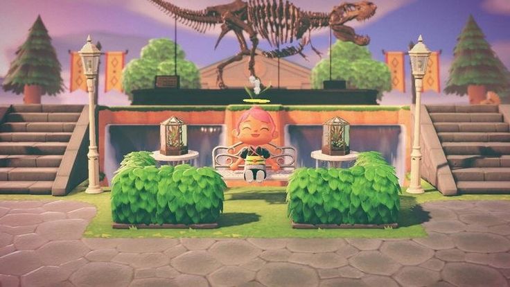 an animal crossing game with a dinosaur in the background