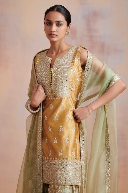 Buy Yellow Organza Embroidered Zari Work Round Mirror Kurta Gharara Set For Women by Suhino Online at Aza Fashions. Vacuum Storage, Indian Wedding Wear, Silk Kurta, Indian Suits, Zari Work, Organza Dupatta, Punjabi Suits, Mirror Work, Kurta Set