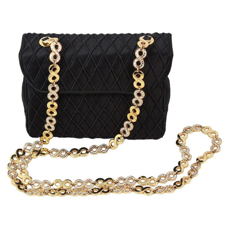 Judith Leiber Black Satin Crossbody Bag with Gold Infinity Chain Paper Bag Princess, Infinity Chain, Thread Pattern, Satin Purses, Suede Clutch, Crossbody Bag Black, Judith Leiber, Vintage Purse, Gold Rhinestone