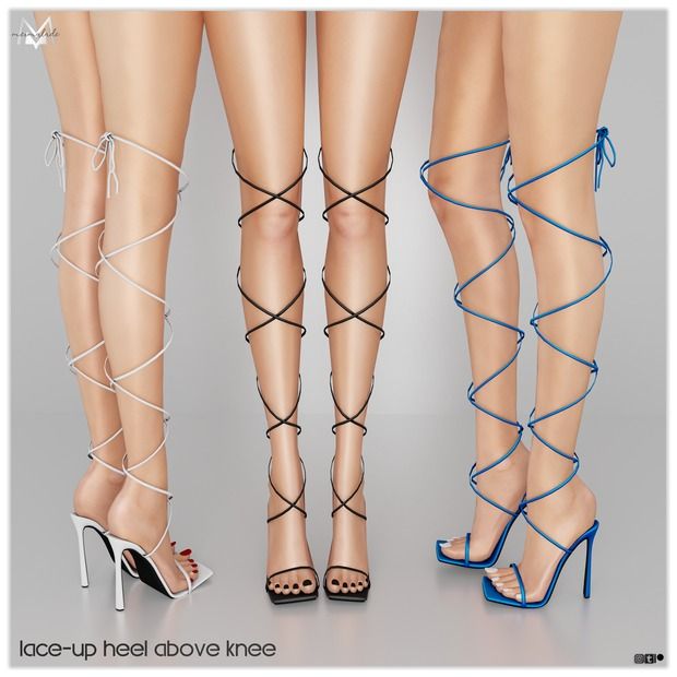 three women's legs wearing high heeled sandals and blue lace up tights