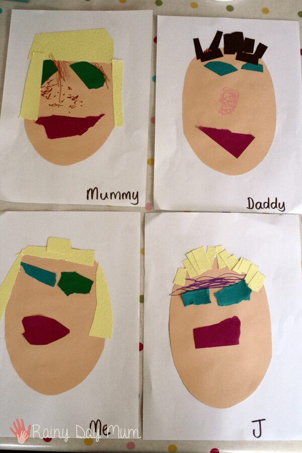 four different pictures of faces made out of paper with the words mommy, daddy, and baby