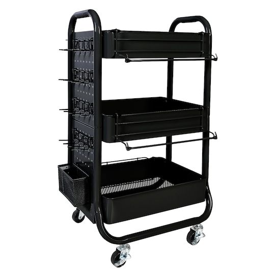 a black cart with three baskets on it