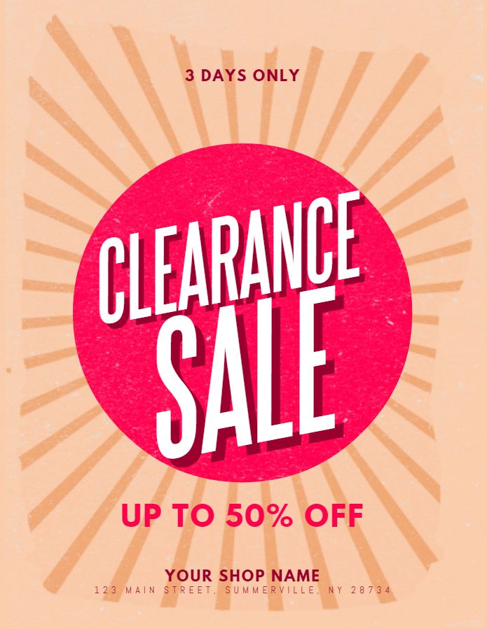 clearance sale flyer with sunbursts and rays on beige background, for the end of