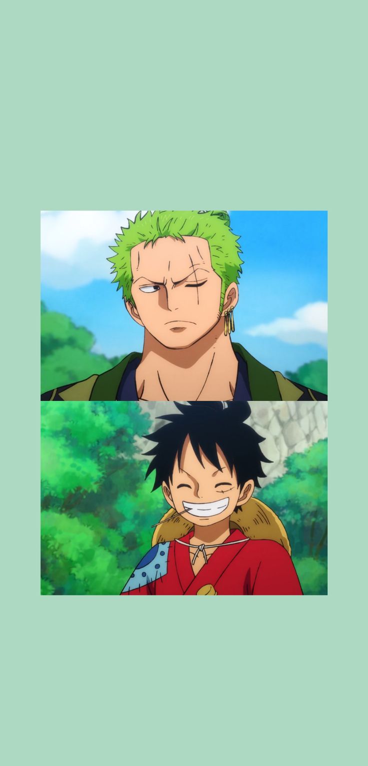 two anime characters one with green hair and the other with black hair, both staring at each