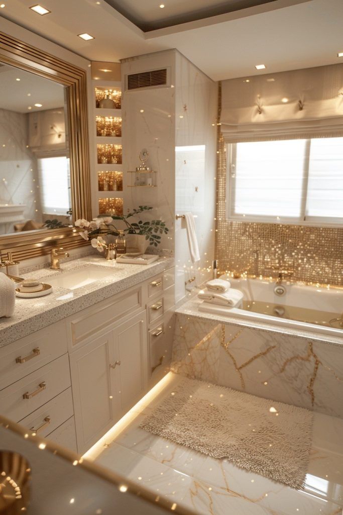 a large bathroom with marble counter tops and gold trim around the bathtub, sink, and mirror