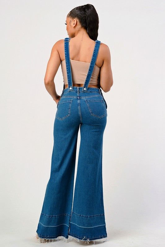 STRETCH DISTRESSED EXTRA FLARED LEG DENIM OVERALLS (3/S,2/M,1/L) 98%COTTON, 2%SPANDEX Bell Bottom Overalls, Bell Bottom, Denim Overalls, Bell Bottoms, Distressed Denim, Jumpsuit Romper, Fashion Forward, Overalls, Graphic Tees