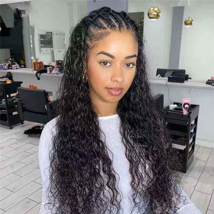 Front Cornrows, Half Braided Hairstyles, Half Cornrows, Mixed Curly Hair, Human Hair Lace Front Wigs, Hair Lace Front Wigs, Goddess Braids Hairstyles, Protective Hairstyles Braids, African Braids Hairstyles