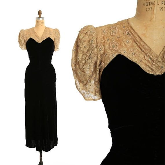 "Stunning rare Antique Vintage 1930s black velvet lace dress  Soft rayon velvet with faux buttons down front with side metal zipper  Beige / light brown floral lace yoke lined in silk with shoulder pads  Faux pearl seed beads & prong set rhinestones  Pull over fit in great vintage condition for age, once had attached belt that was cut off (see photos) made very well  M e a s u r e m e n t s: Size: fits like a S M Bust: 17 1/2\" Waist: 15 1/2\" Hips: 19 1/2\" Total length: 53 1/2\" Sleeves: 9 1/2\" Fabric: rayon velvet + lace  Label: unbranded  +All Measurements are taking while garment is lying flat+ i n s t a g r a m: cali_vintage_usa" Vintage Velvet Dress With Fitted Bodice, Victorian Style Fitted Vintage Evening Dress, Velvet Vintage Dress For Vintage Events, Elegant Vintage Dress With Lace Sleeves For Vintage Events, Black Velvet Lace Dress, 40s Outfits, Vintage Lace Dress, Velvet Lace Dress, 1930s Dress