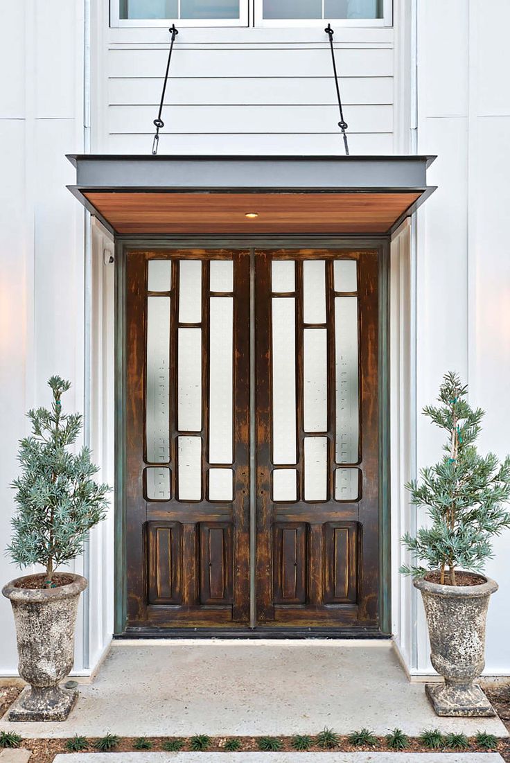 two potted plants sit in front of a double door with glass panels on the side