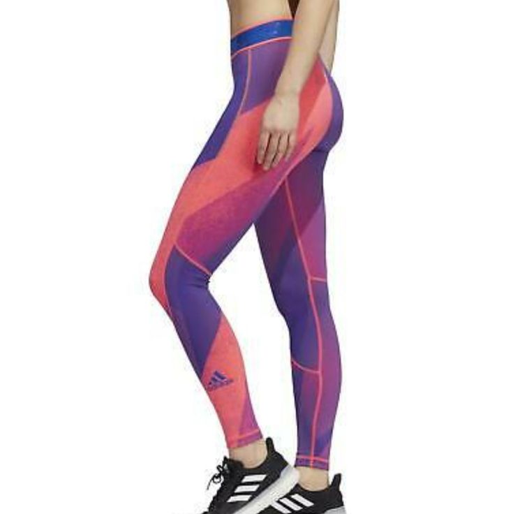 Nwt Size Xs Adidas Alphaskin Aeroready Tights. They Have Vents Along Back Of Calves. Color Is Hot Pink And Purple Shades. Inseam Approx 28.5" Running Leggings Women, Athletic Tights, Adidas Retro, Yoga Tights, Purple Shades, Orange Leggings, Black Capri Leggings, Printed Tights, Panel Leggings