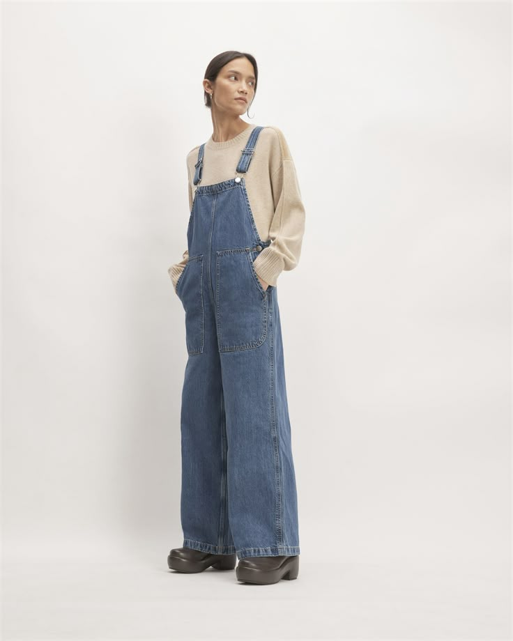 The Gardener Overall Medium Indigo – Everlane Overalls For Work Outfit, Womens Work Overalls, Styling Overall Dress, Vintage Denim Overalls, One Quince Clothing, Winter Garden Outfit, Women’s Overall Outfits, Fun Clothing Styles, Cargo Overalls Outfit