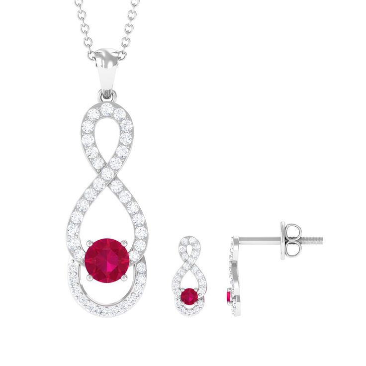 Round Ruby Infinity jewelry Set with Diamond Ruby - ( AAA ) - Quality - Rosec Jewels Infinity Jewelry, Infinite Love, Ruby Necklace, Diamond Gemstone, Timeless Style, Prong Setting, Jewelry Set, Timeless Fashion, Ruby